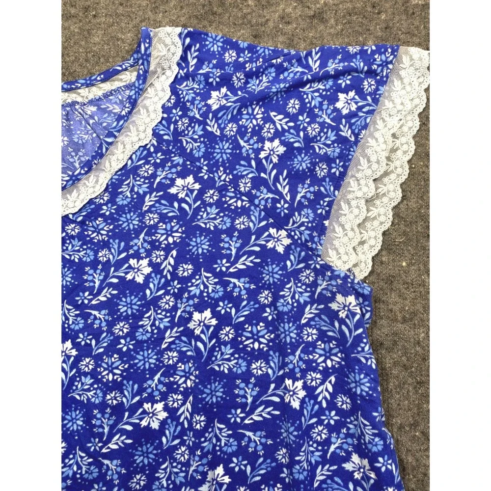 Dreams & Co Blue Floral Lace Trim Pajama Set Plus Size 3X 30/32 Short Sleeve PJ